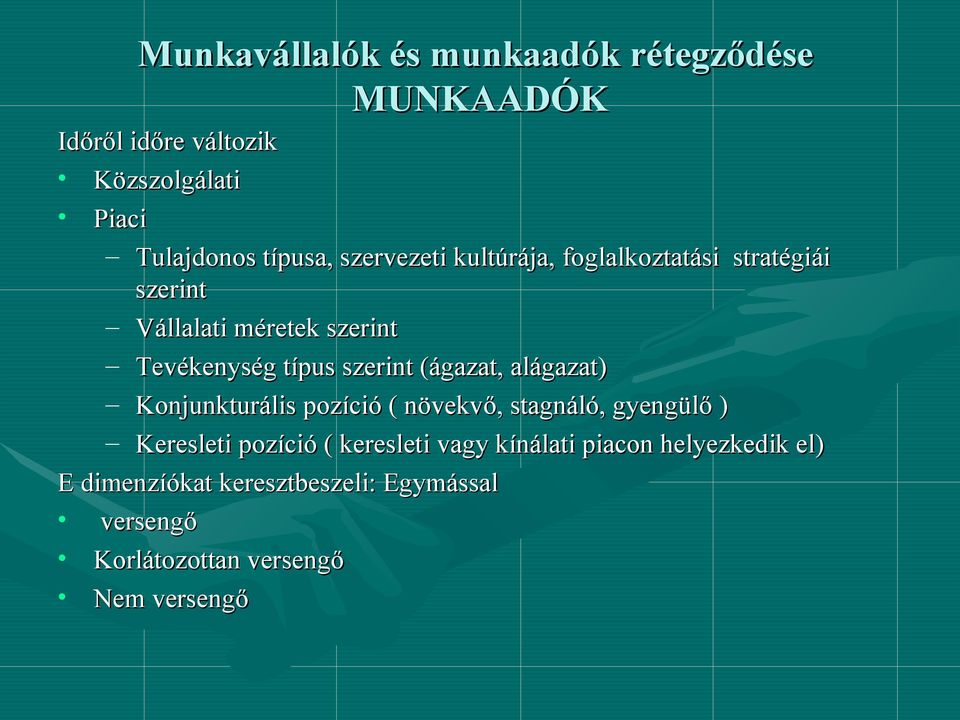 (ágazat, alágazat) Konjunkturális pozíció ( növekvő, stagnáló, gyengülő ) Keresleti pozíció ( keresleti vagy