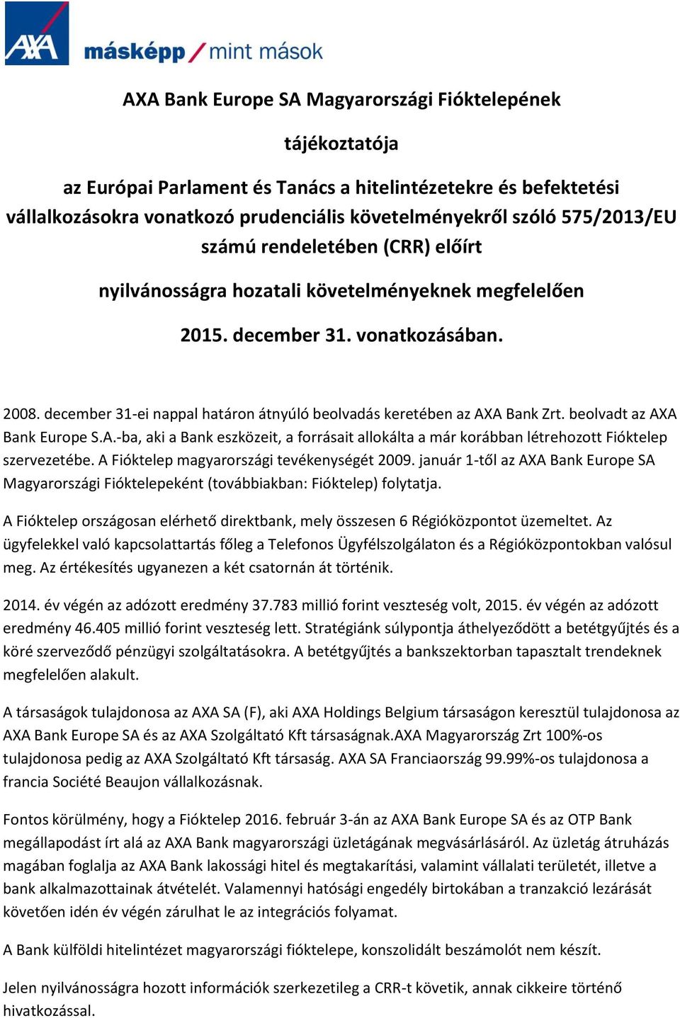 beolvadt az AXA Bank Europe S.A.-ba, aki a Bank eszközeit, a forrásait allokálta a már korábban létrehozott Fióktelep szervezetébe. A Fióktelep magyarországi tevékenységét 2009.
