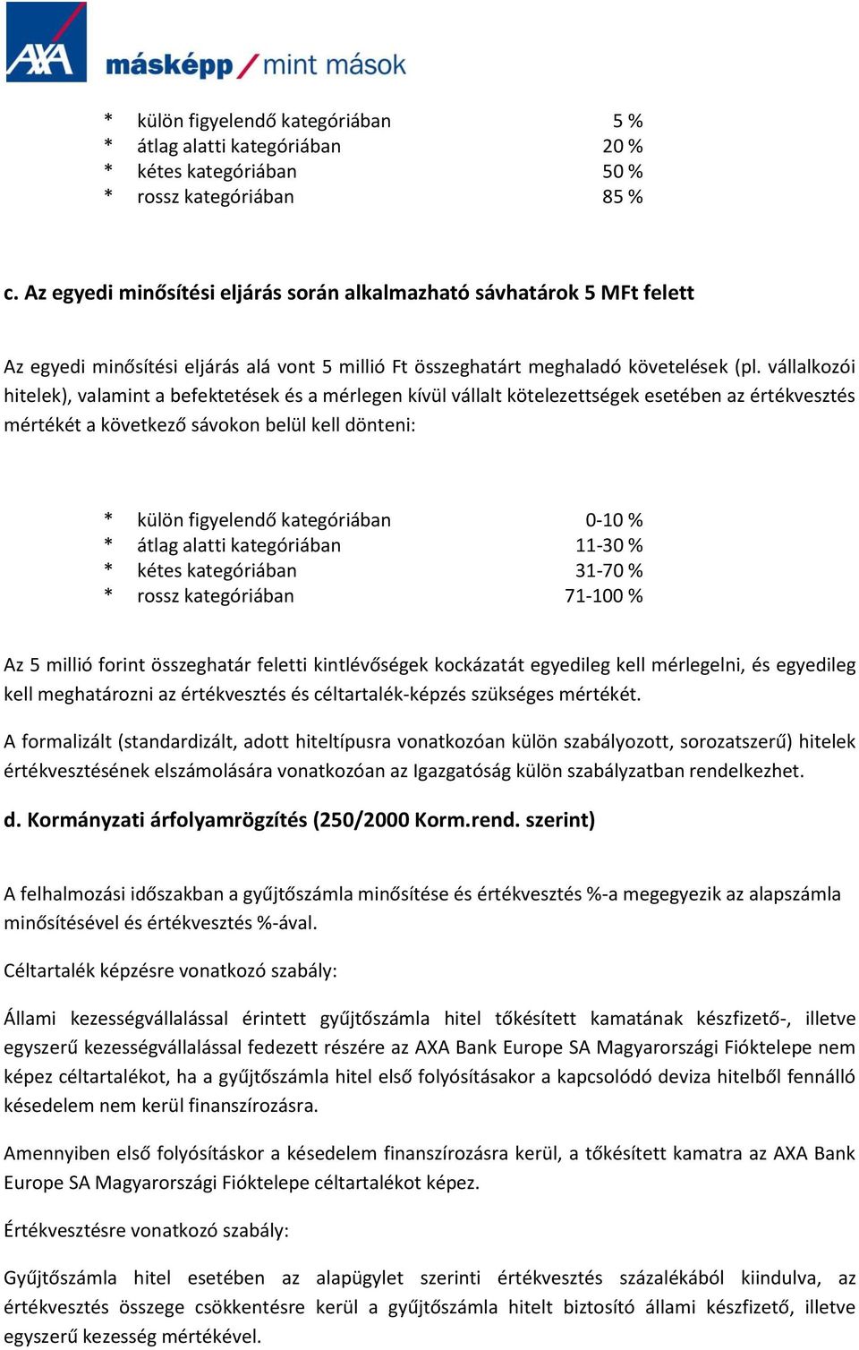 vállalkozói hitelek), valamint a befektetések és a mérlegen kívül vállalt kötelezettségek esetében az értékvesztés mértékét a következő sávokon belül kell dönteni: * külön figyelendő kategóriában