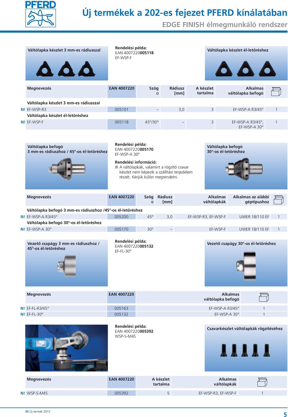 EF-WSP-F 005118 45 /30 3 EF-WSP-A R3/45, EF-WSP-A 30 1 Váltólapka befogó 3 mm-es rádiuszhoz / 45 -os él-letöréshez 005170 EF-WSP-A 30 Rendelési információ: A váltólapkák, valamint a rögzítő csavar