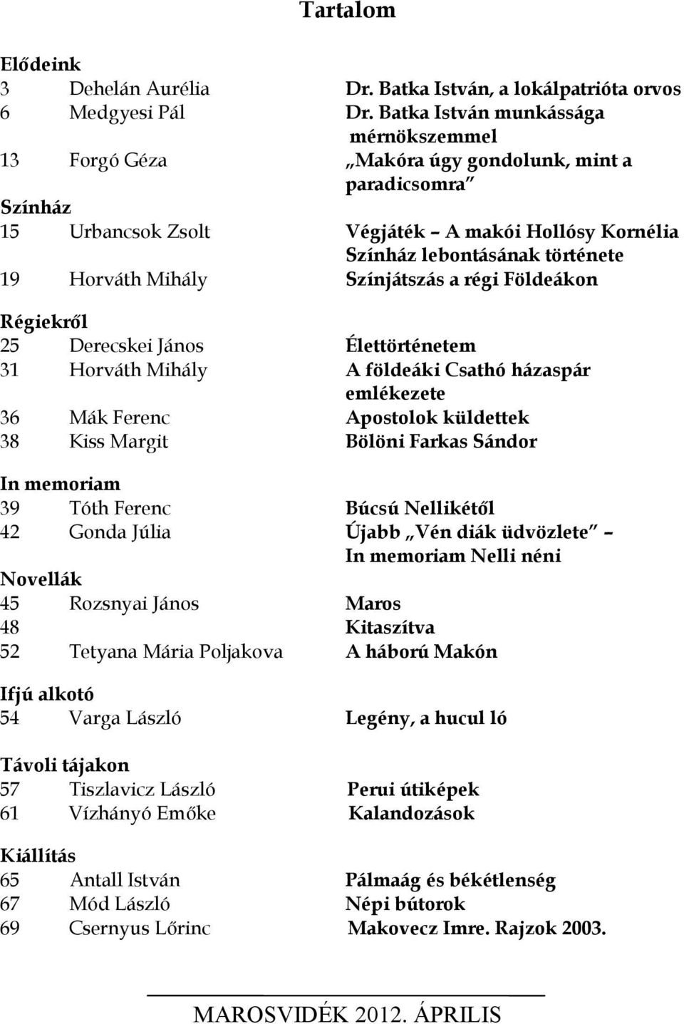 Mihály Színjátszás a régi Földeákon Régiekről 25 Derecskei János Élettörténetem 31 Horváth Mihály A földeáki Csathó házaspár emlékezete 36 Mák Ferenc Apostolok küldettek 38 Kiss Margit Bölöni Farkas