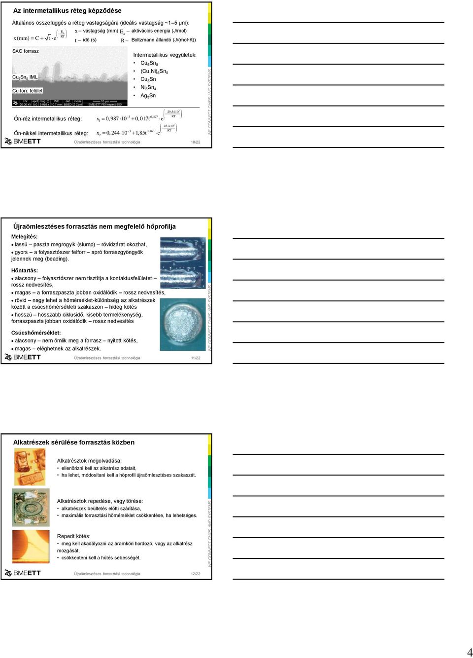 felület (Cu,Ni) 6 Sn 5 Cu 3 Sn Ni 3 Sn 4 Ag 3 Sn Ón-réz intermetallikus réteg: Ón-nikkel intermetallikus réteg: 3 29,5410 3 0,497 RT x1 0,987 10 0,017t e 3 45,410 3 0,463 RT x2 0,244 10 1,85t e 10/22