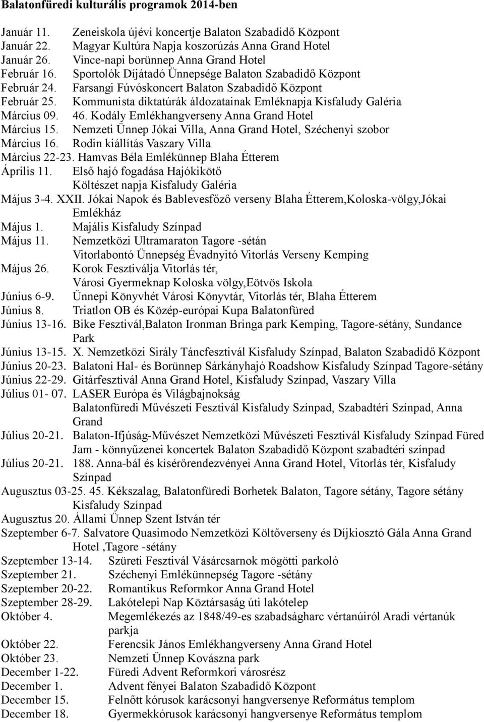 Kommunista diktatúrák áldozatainak Emléknapja Kisfaludy Galéria Március 09. 46. Kodály Emlékhangverseny Anna Grand Hotel Március 15.