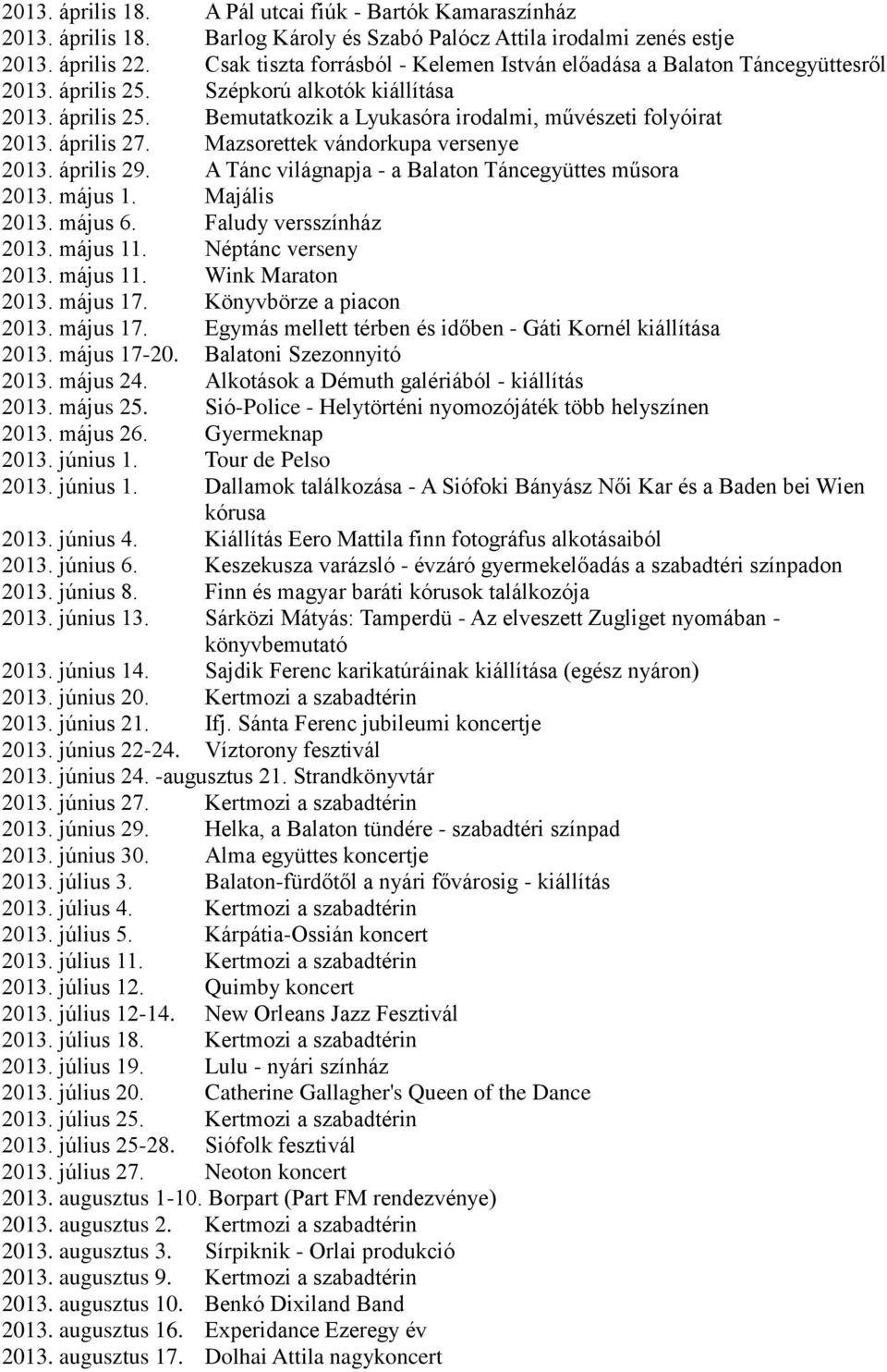 április 27. Mazsorettek vándorkupa versenye 2013. április 29. A Tánc világnapja - a Balaton Táncegyüttes műsora 2013. május 1. Majális 2013. május 6. Faludy versszínház 2013. május 11.