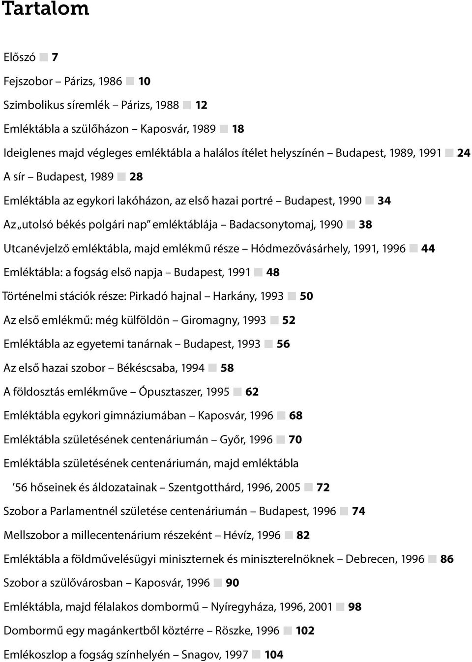 majd emlékmű része Hódmezővásárhely, 1991, 1996 44 Emléktábla: a fogság első napja Budapest, 1991 48 Történelmi stációk része: Pirkadó hajnal Harkány, 1993 50 Az első emlékmű: még külföldön