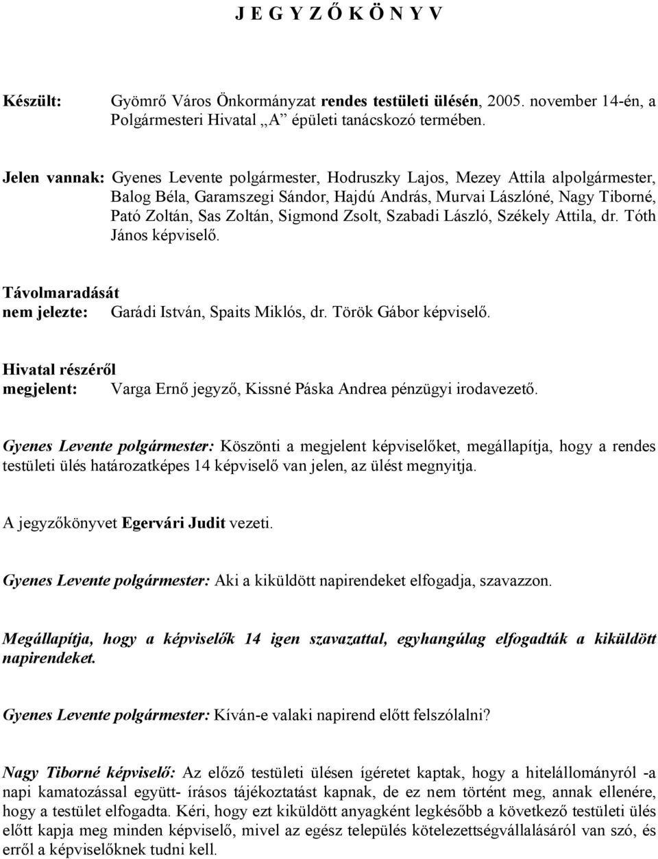 Zsolt, Szabadi László, Székely Attila, dr. Tóth János képviselő. Távolmaradását nem jelezte: Garádi István, Spaits Miklós, dr. Török Gábor képviselő.