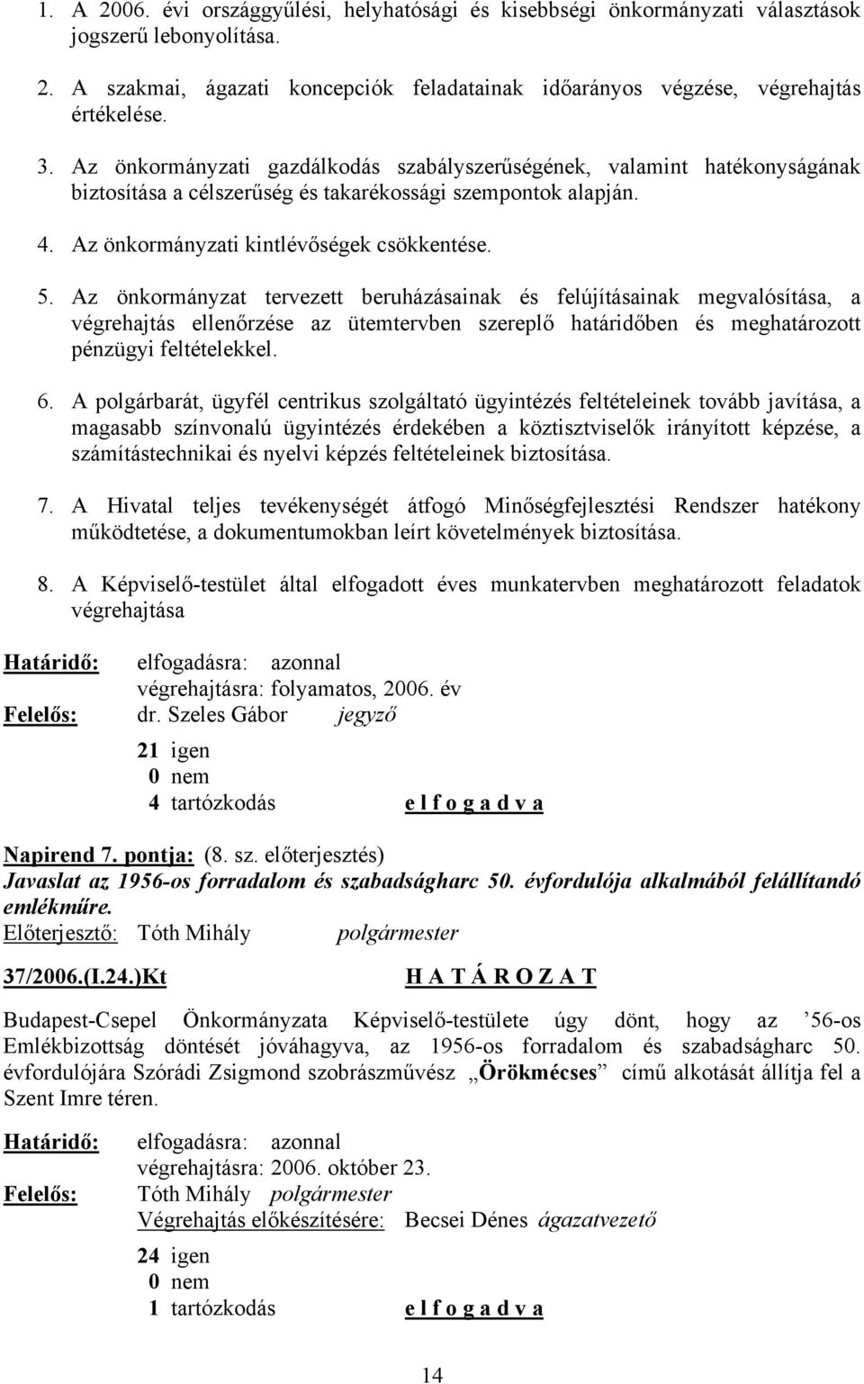 Az önkormányzat tervezett beruházásainak és felújításainak megvalósítása, a végrehajtás ellenőrzése az ütemtervben szereplő határidőben és meghatározott pénzügyi feltételekkel. 6.