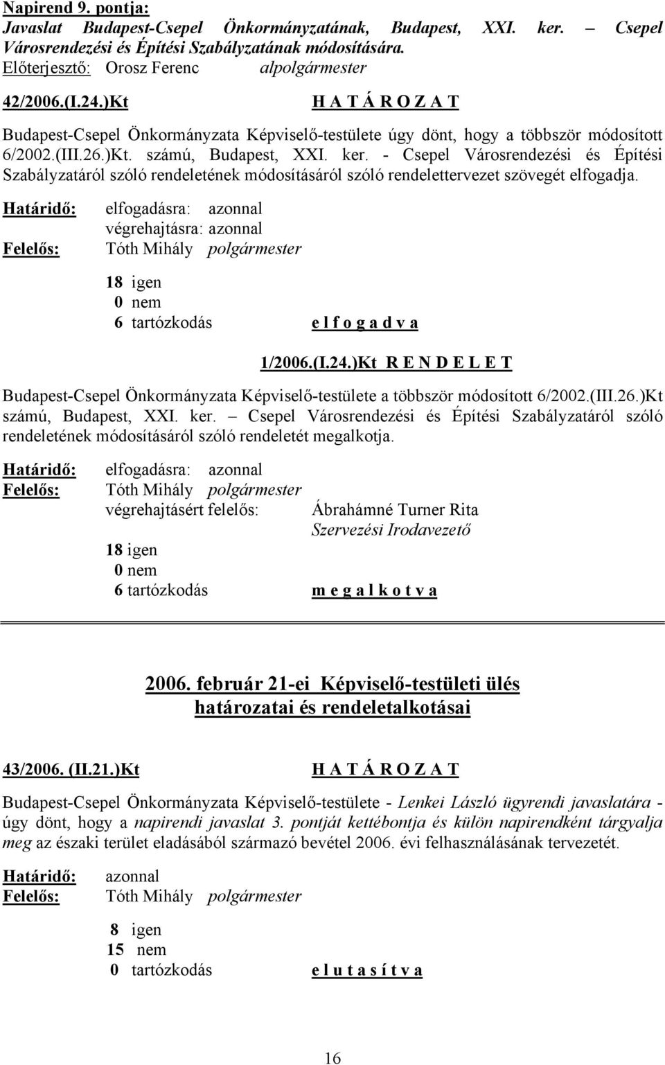 - Csepel Városrendezési és Építési Szabályzatáról szóló rendeletének módosításáról szóló rendelettervezet szövegét elfogadja. 18 igen 6 tartózkodás e l f o g a d v a 1/2006.(I.24.