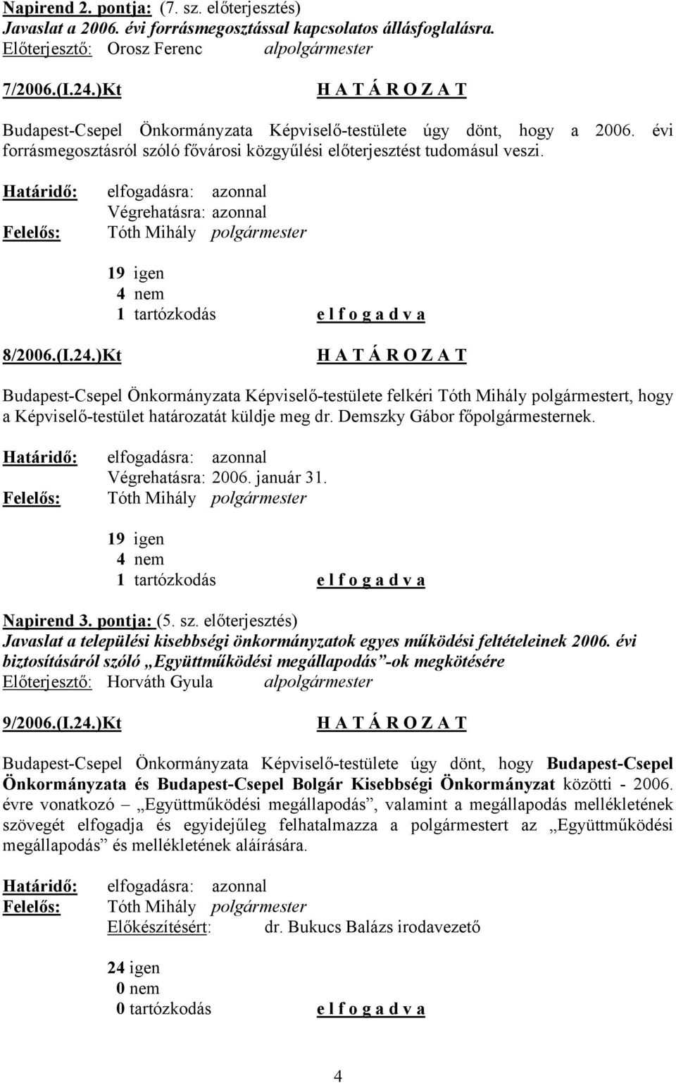 Végrehatásra: azonnal 19 igen 4 nem 1 tartózkodás e l f o g a d v a 8/2006.(I.24.)Kt Budapest-Csepel Önkormányzata Képviselő-testülete felkéri t, hogy a Képviselő-testület határozatát küldje meg dr.