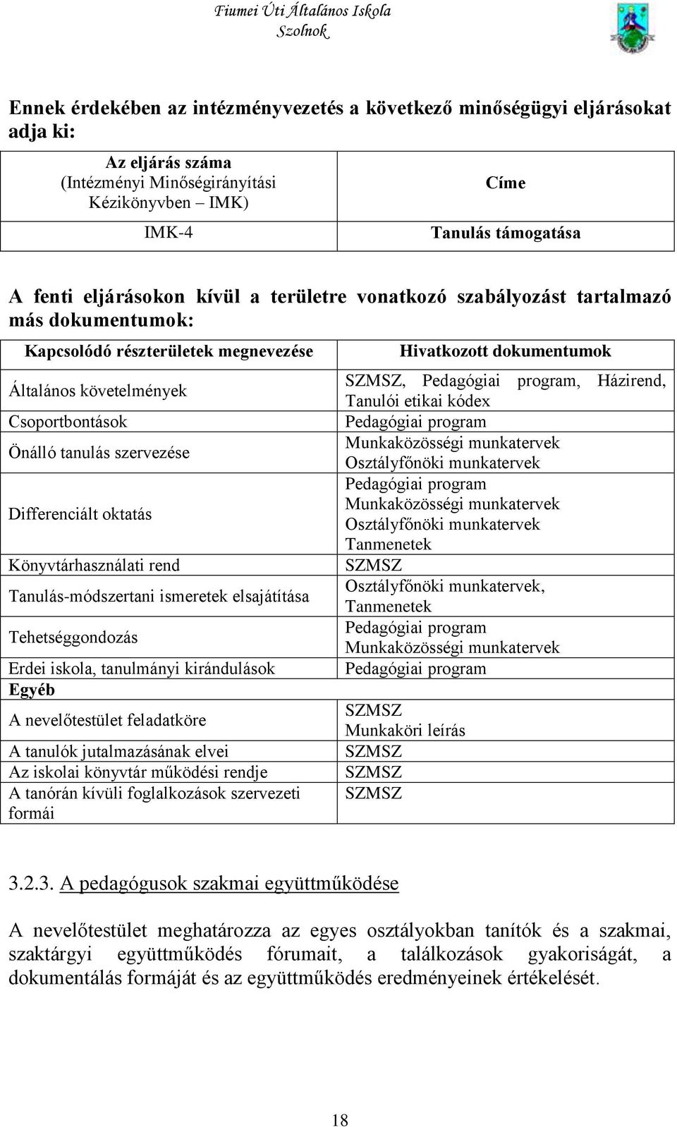 nevelőtestület feladatköre A tanulók jutalmazásának elvei Az iskolai könyvtár működési rendje A tanórán kívüli foglalkozások szervezeti formái Hivatkozott dokumentumok, Pedagógiai program, Házirend,