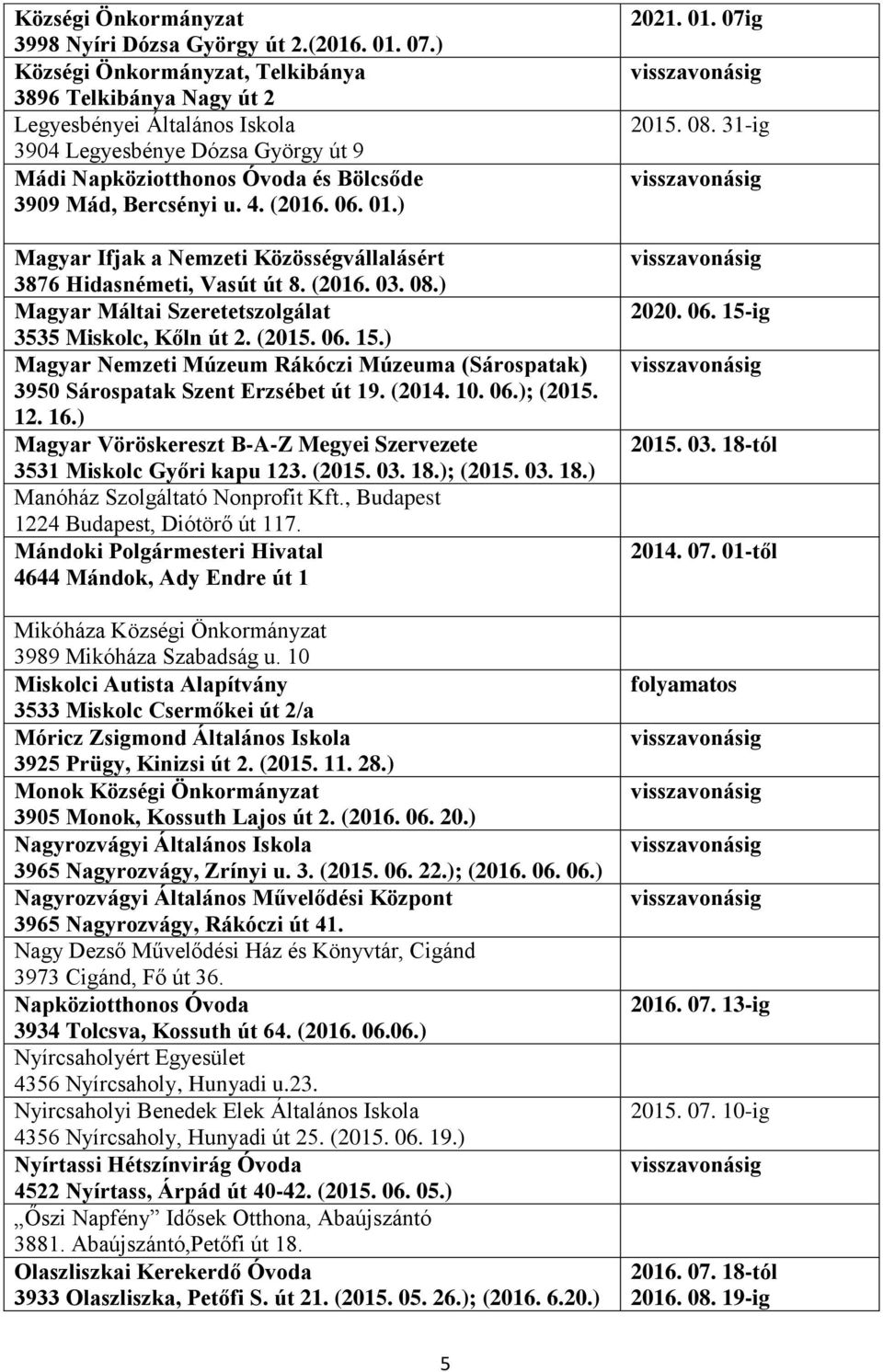 06. 01.) Magyar Ifjak a Nemzeti Közösségvállalásért 3876 Hidasnémeti, Vasút út 8. (2016. 03. 08.) Magyar Máltai Szeretetszolgálat 3535 Miskolc, Kőln út 2. (2015. 06. 15.