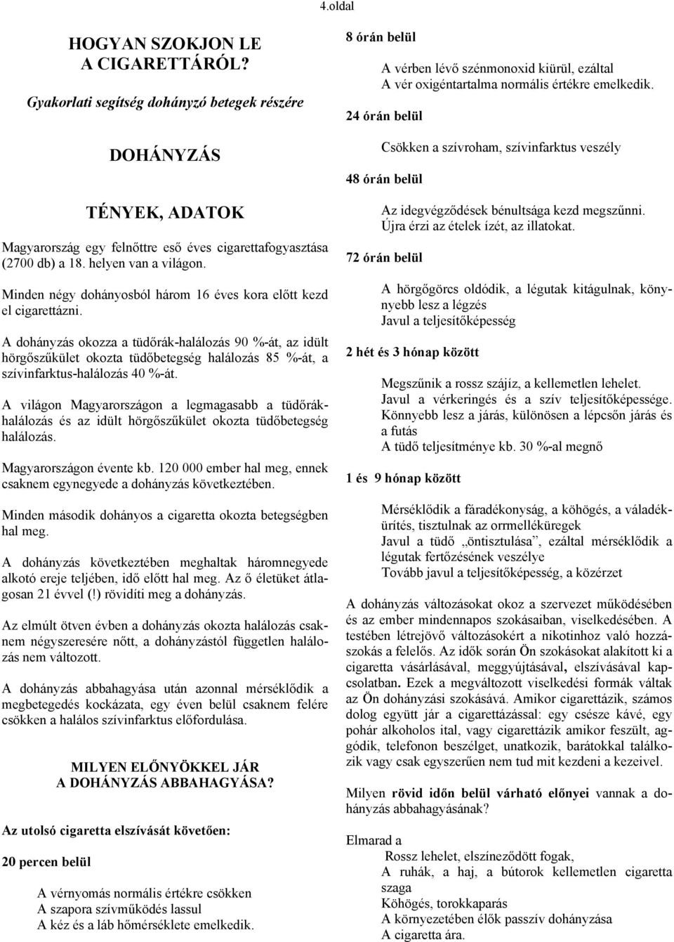 A dohányzás okozza a tüdőrák-halálozás 90 %-át, az idült hörgőszűkület okozta tüdőbetegség halálozás 85 %-át, a szívinfarktus-halálozás 40 %-át.