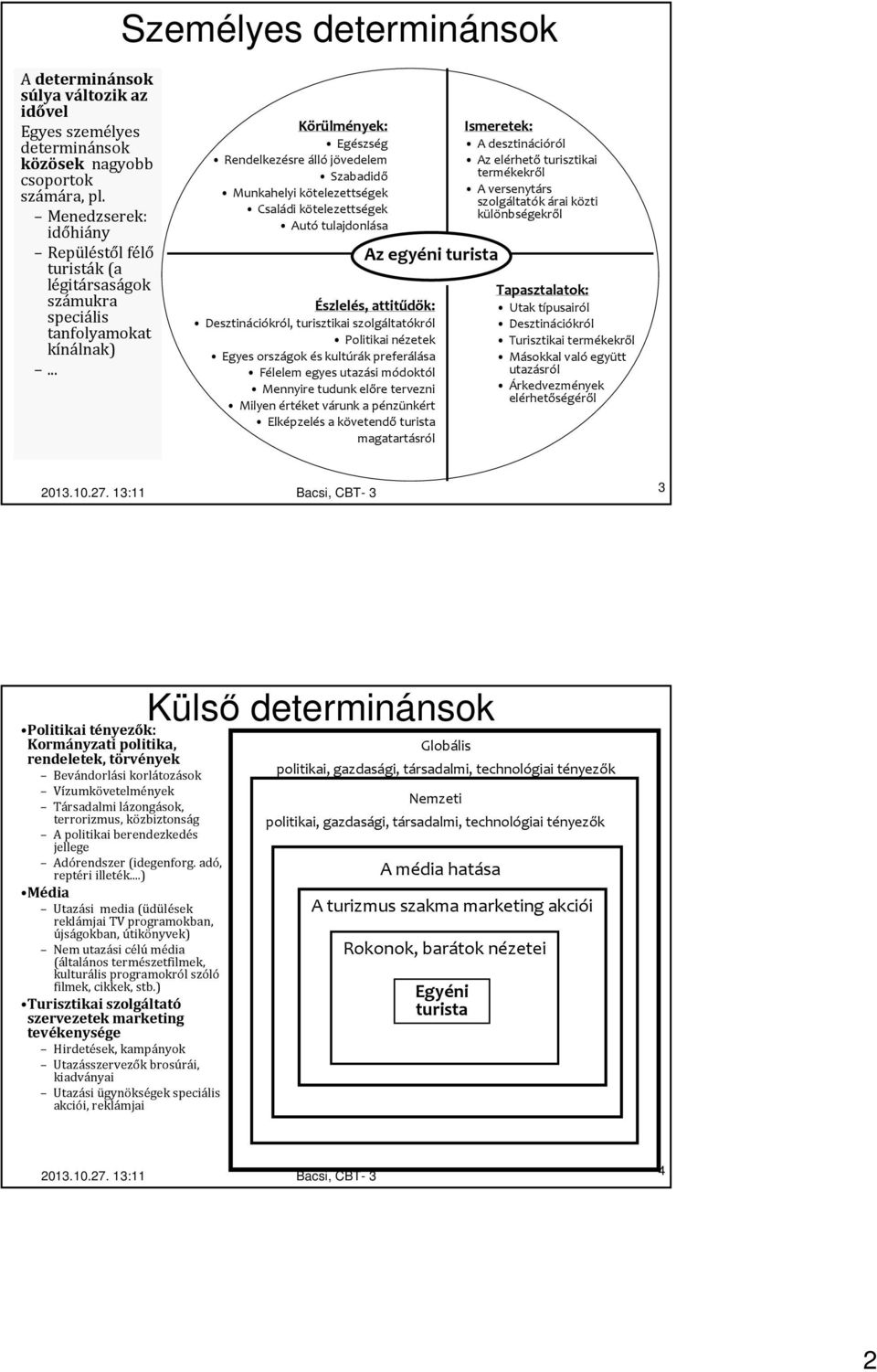 .. Körülmények: Egészség Rendelkezésre álló jövedelem Szabadidő Munkahelyi kötelezettségek Családi kötelezettségek Autó tulajdonlása Az egyéni turista Észlelés, attitűdök: Desztinációkról,