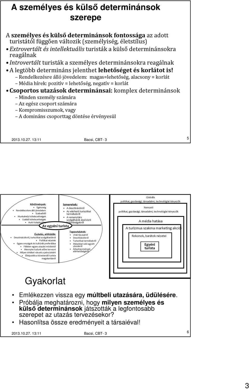 Rendelkezésre álló jövedelem: magas=lehetőség, alacsony = korlát Média hírek: pozitív = lehetőség, negatív = korlát Csoportos utazások determinánsai: komplex determinánsok Minden személy számára Az