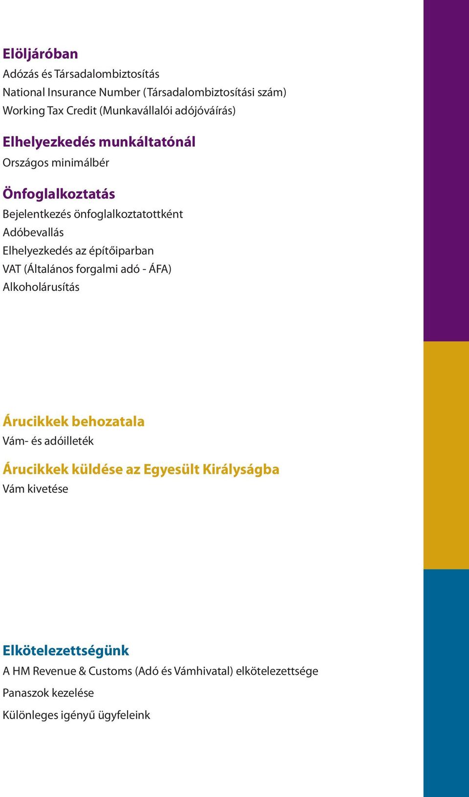 az építőiparban VAT (Általános forgalmi adó - ÁFA) Alkoholárusítás Árucikkek behozatala Vám- és adóilleték Árucikkek küldése az Egyesült