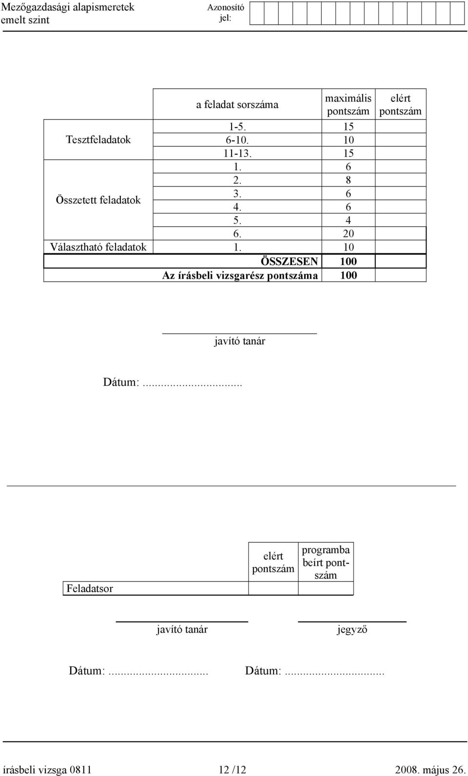 10 ÖSSZESEN 100 Az írásbeli vizsgarész pontszáma 100 elért pontszám javító tanár Dátum:.