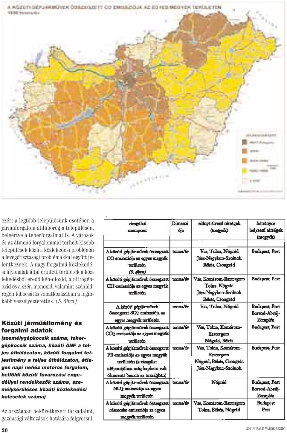 A nagy forgalmú közlekedési útvonalak által érintett területek a közlekedésbôl eredô kén-dioxid, a nitrogénoxid és a szén-monoxid, valamint szénhidrogén kibocsátás vonatkozásában a leginkább