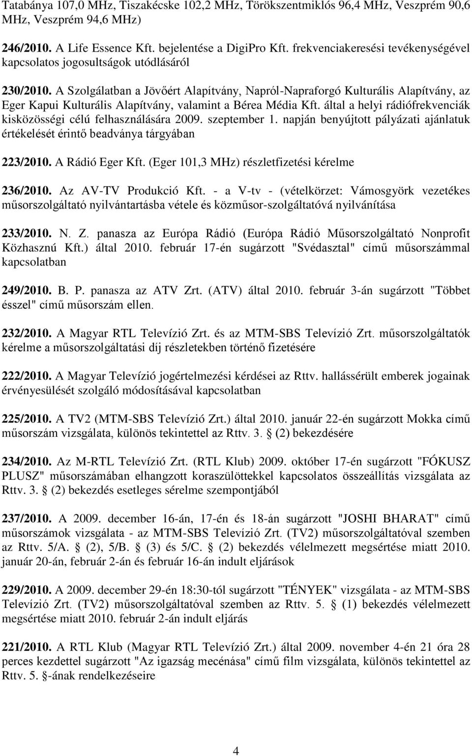 A Szolgálatban a Jövőért Alapítvány, Napról-Napraforgó Kulturális Alapítvány, az Eger Kapui Kulturális Alapítvány, valamint a Bérea Média Kft.