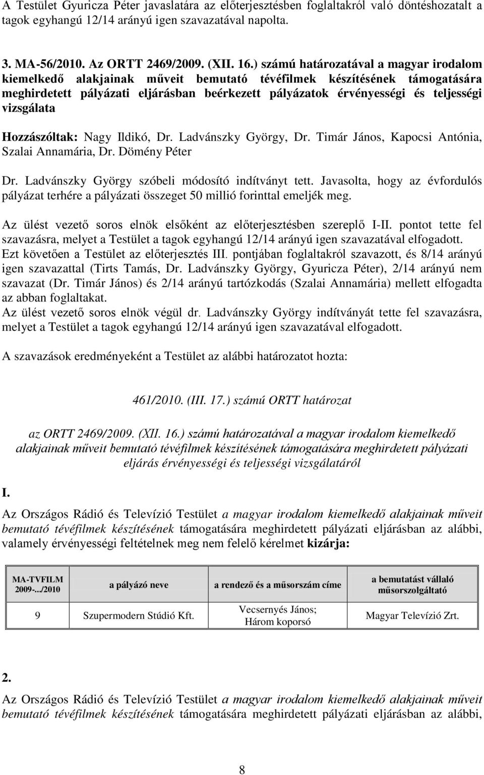 vizsgálata Hozzászóltak: Nagy Ildikó, Dr. Ladvánszky György, Dr. Timár János, Kapocsi Antónia, Szalai Annamária, Dr. Dömény Péter Dr. Ladvánszky György szóbeli módosító indítványt tett.