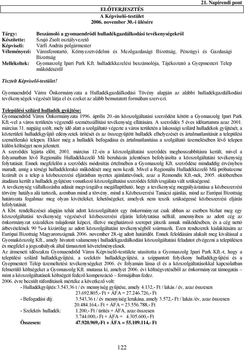 Városfenntartó, Környezetvédelmi és Mezőgazdasági Bizottság, Pénzügyi és Gazdasági Bizottság Gyomaszolg Ipari Park Kft.