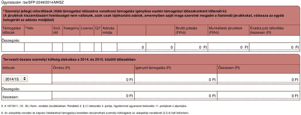 Adózás módja Bruttó juttatás (Ft/hó) Munkáltatói járulékok (Ft/hó) Évadra jutó ráfordítás összesen (Ft) 0 0 Tervezett összes személyi költség alakulása a 2014. és 2015.