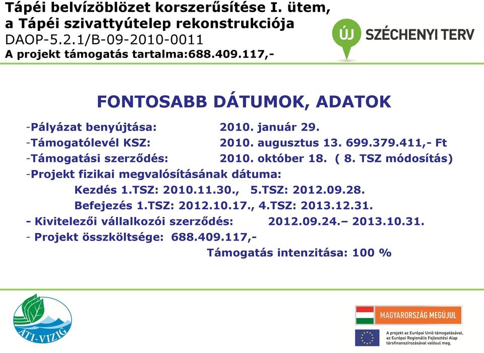 TSZ módosítás) -Projekt fizikai megvalósításának dátuma: Kezdés 1.TSZ: 2010.11.30., 5.TSZ: 2012.09.28. Befejezés 1.