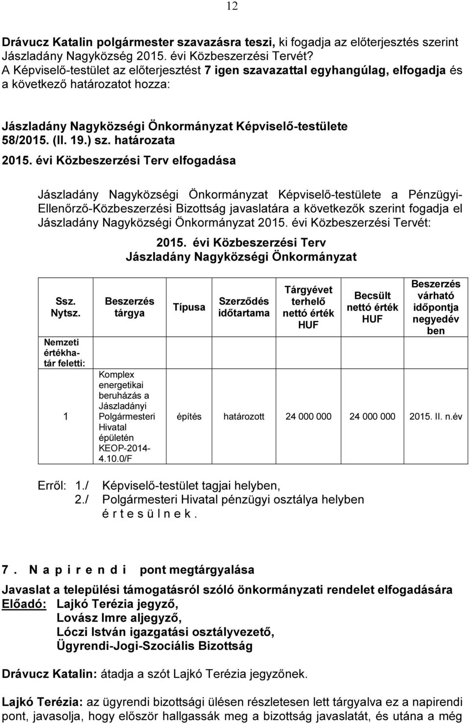 évi Közbeszerzési Terv elfogadása a Pénzügyi- Ellenőrző-Közbeszerzési Bizottság javaslatára a következők szerint fogadja el Jászladány Nagyközségi Önkormányzat 2015. évi Közbeszerzési Tervét: 2015.