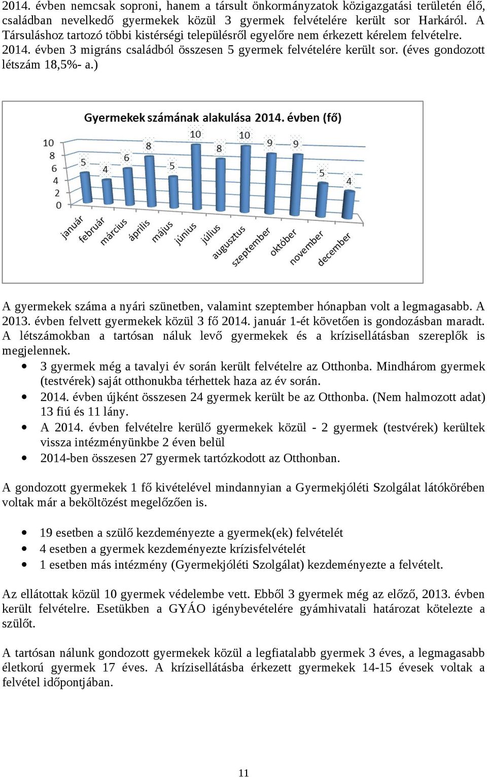 ) A gyermekek száma a nyári szünetben, valamint szeptember hónapban vlt a legmagasabb. A 2013. évben felvett gyermekek közül 3 fő 2014. január 1-ét követően is gndzásban maradt.