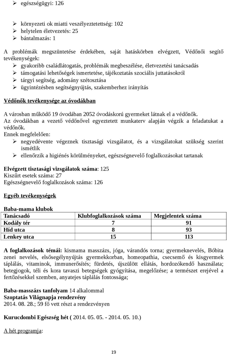 segítségnyújtás, szakemberhez irányítás Védőnők tevékenysége az óvdákban A vársban működő 19 óvdában 2052 óvdáskrú gyermeket látnak el a védőnők.