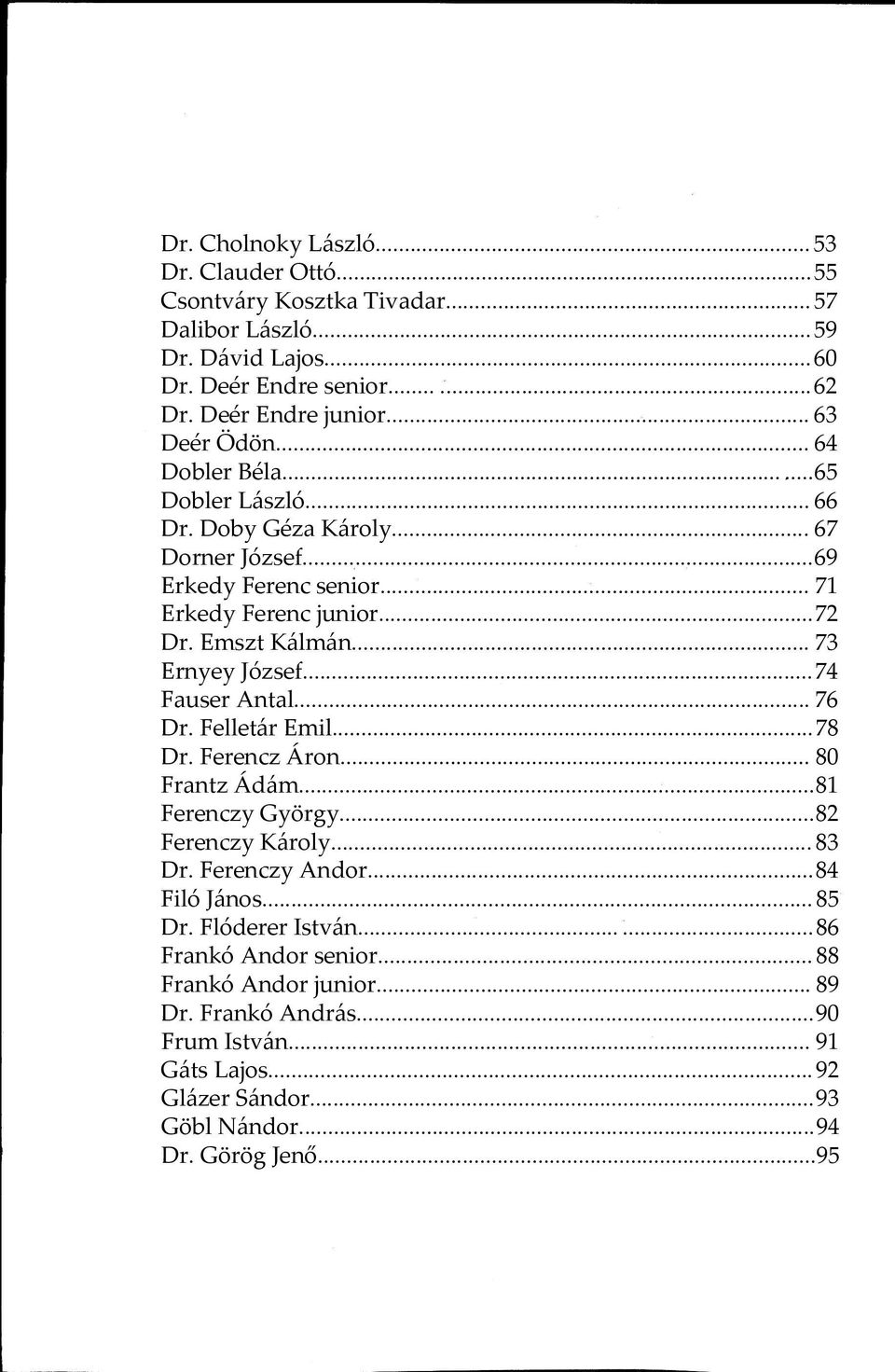 .. 73 Ernyey József...74 Fauser Antal... 76 Dr. Felletár Emil...78 Dr. Ferencz Áron... 80 Frantz Ádám...81 Ferenczy György...82 Ferenczy Károly... 83 Dr. Ferenczy Andor...84 Filó János.