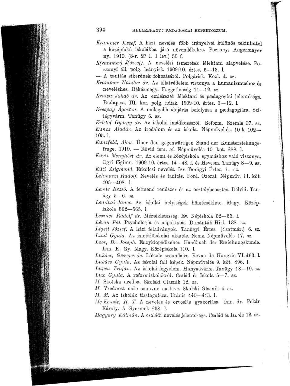 Krammer Nándor dr. Az állatvédelem viszonya a humanizmushoz és neveléshez. Békésmegy. Függetlenség 11 12. sz. Krausz Jakab clr. Az emlékezet lélektani és paödagogiai jelentősége. Budapest, III. ker.