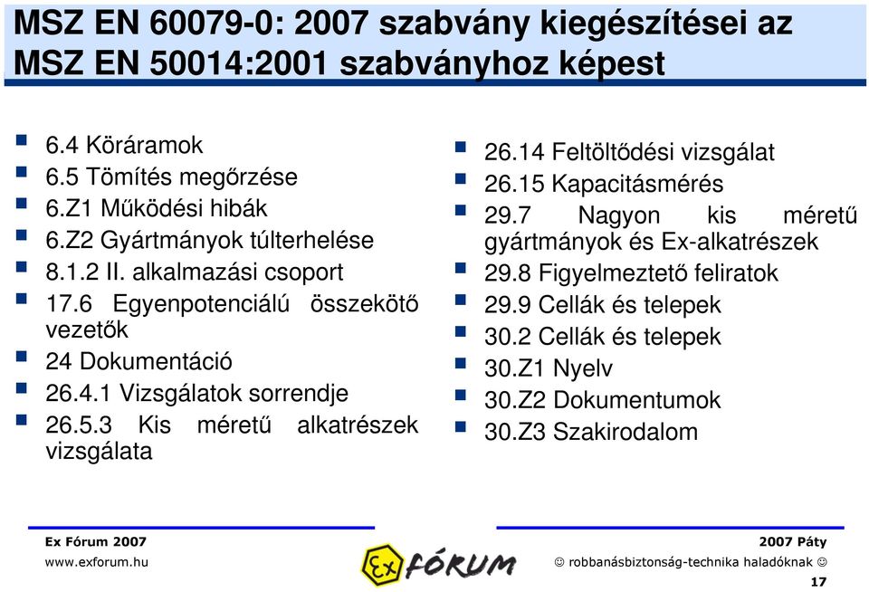 Dokumentáció 26.4.1 Vizsgálatok sorrendje 26.5.3 Kis méret alkatrészek vizsgálata 26.14 Feltöltdési vizsgálat 26.15 Kapacitásmérés 29.