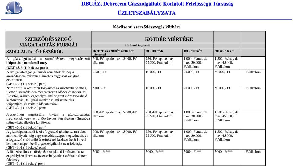 k. a.) pont) A szolgáltatott gáz jellemzıi nem felelnek meg a szerzıdésben, mőszaki elıírásban vagy szabványban elıírtaknak. (GET 43. (1) be