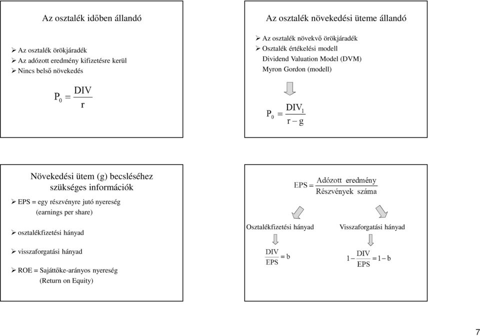 (modell) Növekedési ütem (g) becsléséhez szükséges információk EPS = egy részvényre jutó nyereség (earnings per share)