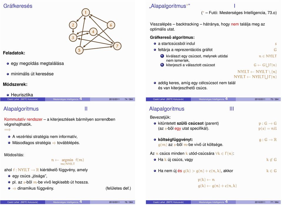 keresése Módszerek: Heurisztika Csató Lehel (BBTE Kolozsvár) Mesterséges ntelligencia 4 2010/2011 74 / 364 Visszalépés Alapalgoritmus Kommutatív rendszer a kiterjesztések bármilyen sorrendben