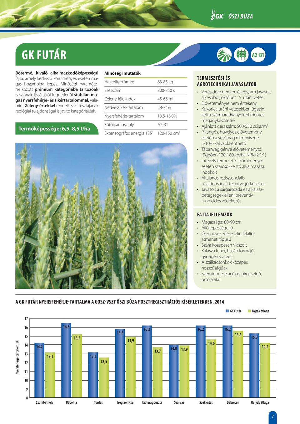 Termőképessége: 6,5 8,5 t/ha 83-85 kg 300-350 s Zeleny-féle index 45-65 ml Nedvessikér-tartalom 28-34% Nyersfehérje-tartalom 13,5-15,0% A2-B1 Extenzográfos energia 135 120-150 cm 2 Vetésidőre nem