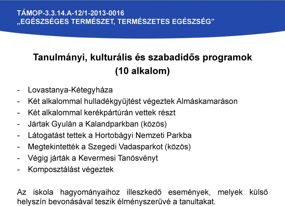 tettek a Hortobágyi Nemzeti Parkba - Megtekintették a Szegedi Vadasparkot (közös) - Végig járták a Kevermesi Tanösvényt -