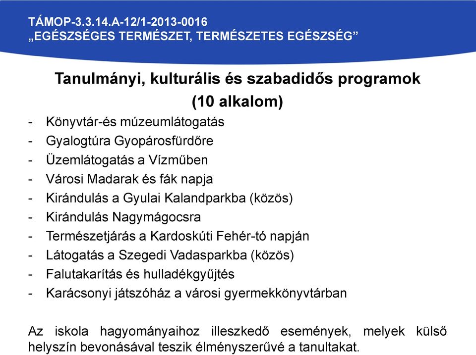 Természetjárás a Kardoskúti Fehér-tó napján - Látogatás a Szegedi Vadasparkba (közös) - Falutakarítás és hulladékgyűjtés - Karácsonyi