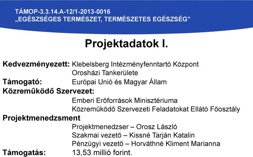 és Magyar Állam Közreműködő Szervezet: Emberi Erőforrások Minisztériuma Közreműködő Szervezeti