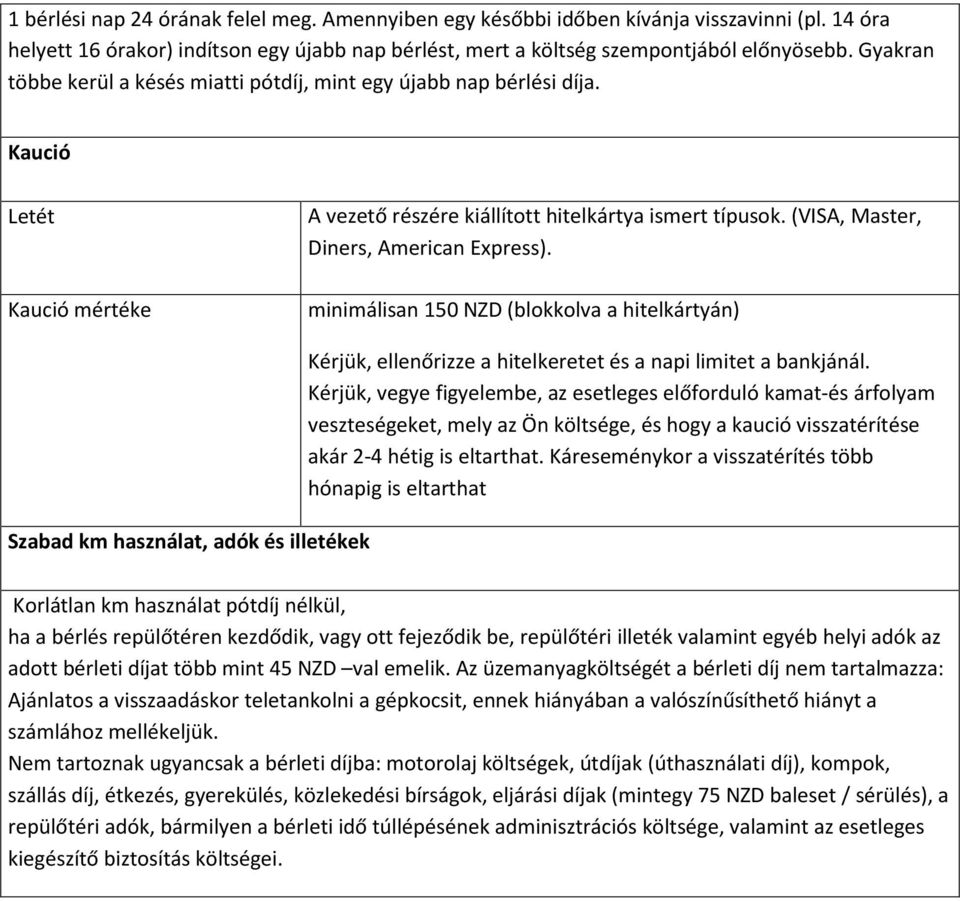 (VISA, Master, Diners, American Express). minimálisan 150 NZD (blokkolva a hitelkártyán) Szabad km használat, adók és illetékek Kérjük, ellenőrizze a hitelkeretet és a napi limitet a bankjánál.