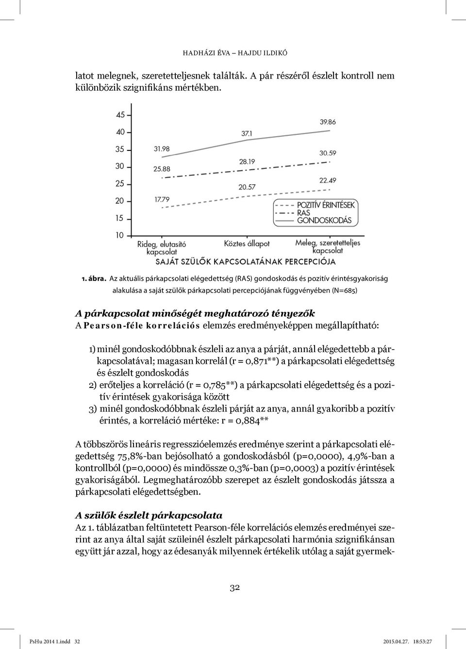 tényezők A Pearson-féle korrelációs elemzés eredményeképpen megállapítható: 1) minél gondoskodóbbnak észleli az anya a párját, annál elégedettebb a párkapcsolatával; magasan korrelál (r = 0,871**) a