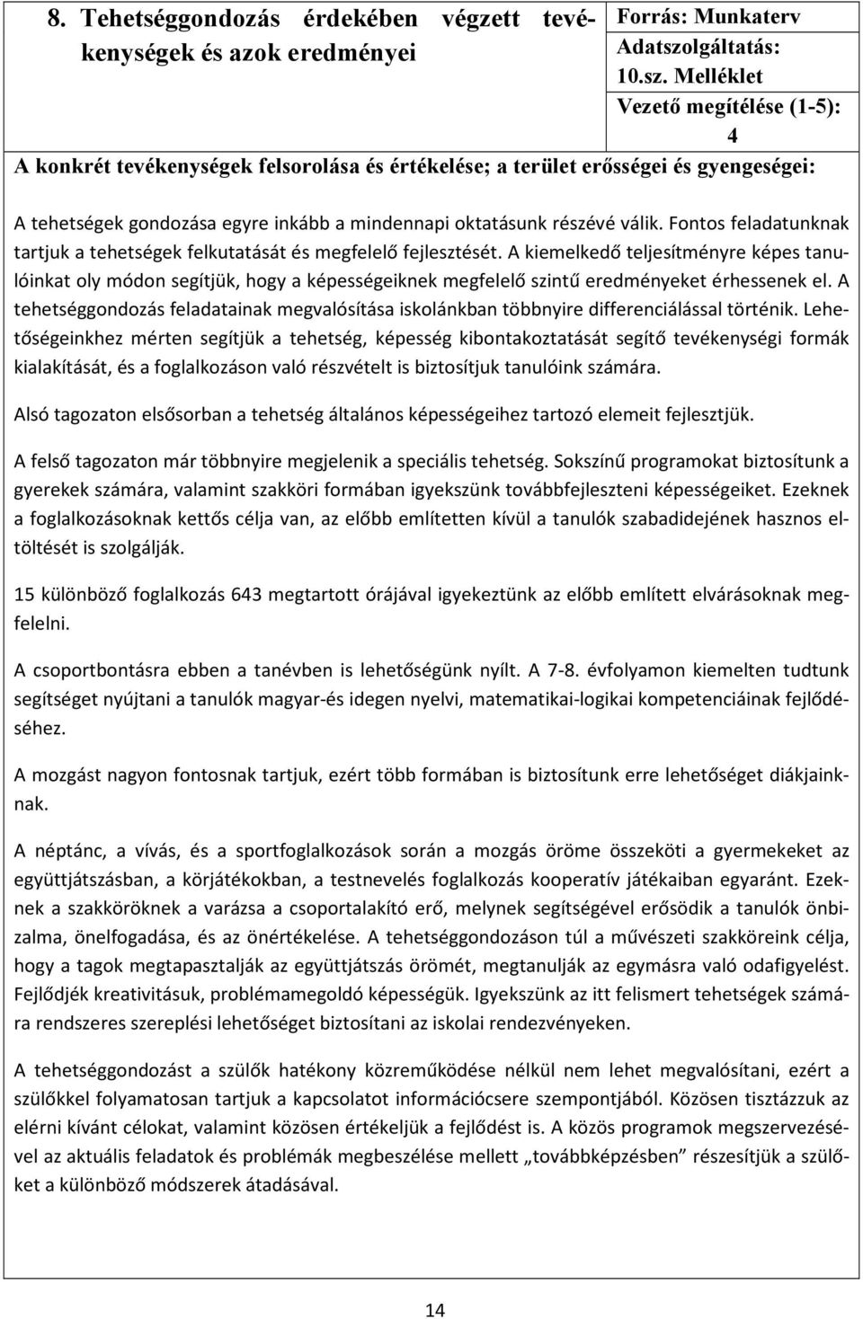 Melléklet Vezetı megítélése (1-5): 4 A konkrét tevékenységek felsorolása és értékelése; a terület erısségei és gyengeségei: A tehetségek gondozása egyre inkább a mindennapi oktatásunk részévé válik.