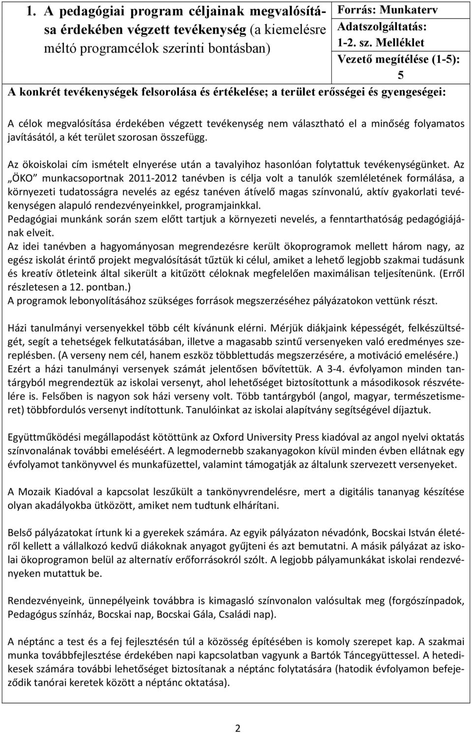 Melléklet Vezetı megítélése (1-5): 5 A konkrét tevékenységek felsorolása és értékelése; a terület erısségei és gyengeségei: A célok megvalósítása érdekében végzett tevékenység nem választható el a