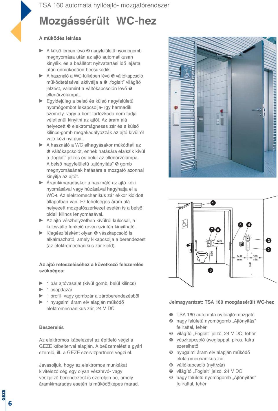 A használó a WC-fülkében lévő ❻ váltókapcsoló működtetésével aktiválja a ❸ foglalt világító jelzést, valamint a váltókapcsolón lévő ❼ ellenőrzőlámpát.