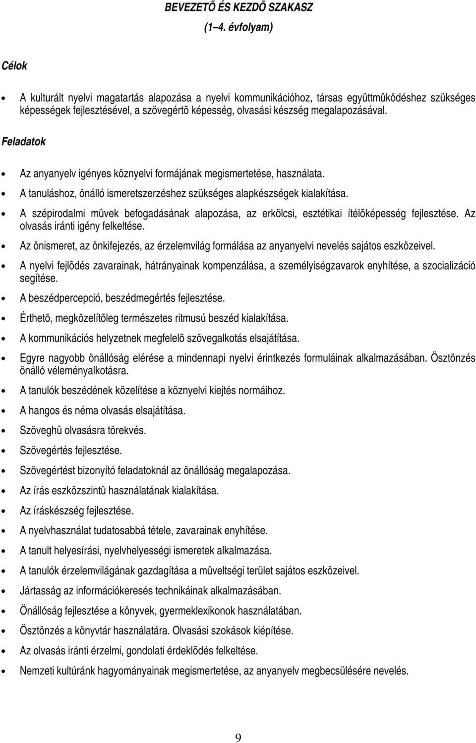 Feladatok Az anyanyelv igényes köznyelvi formájának megismertetése, használata. A tanuláshoz, önálló ismeretszerzéshez szükséges alapkészségek kialakítása.