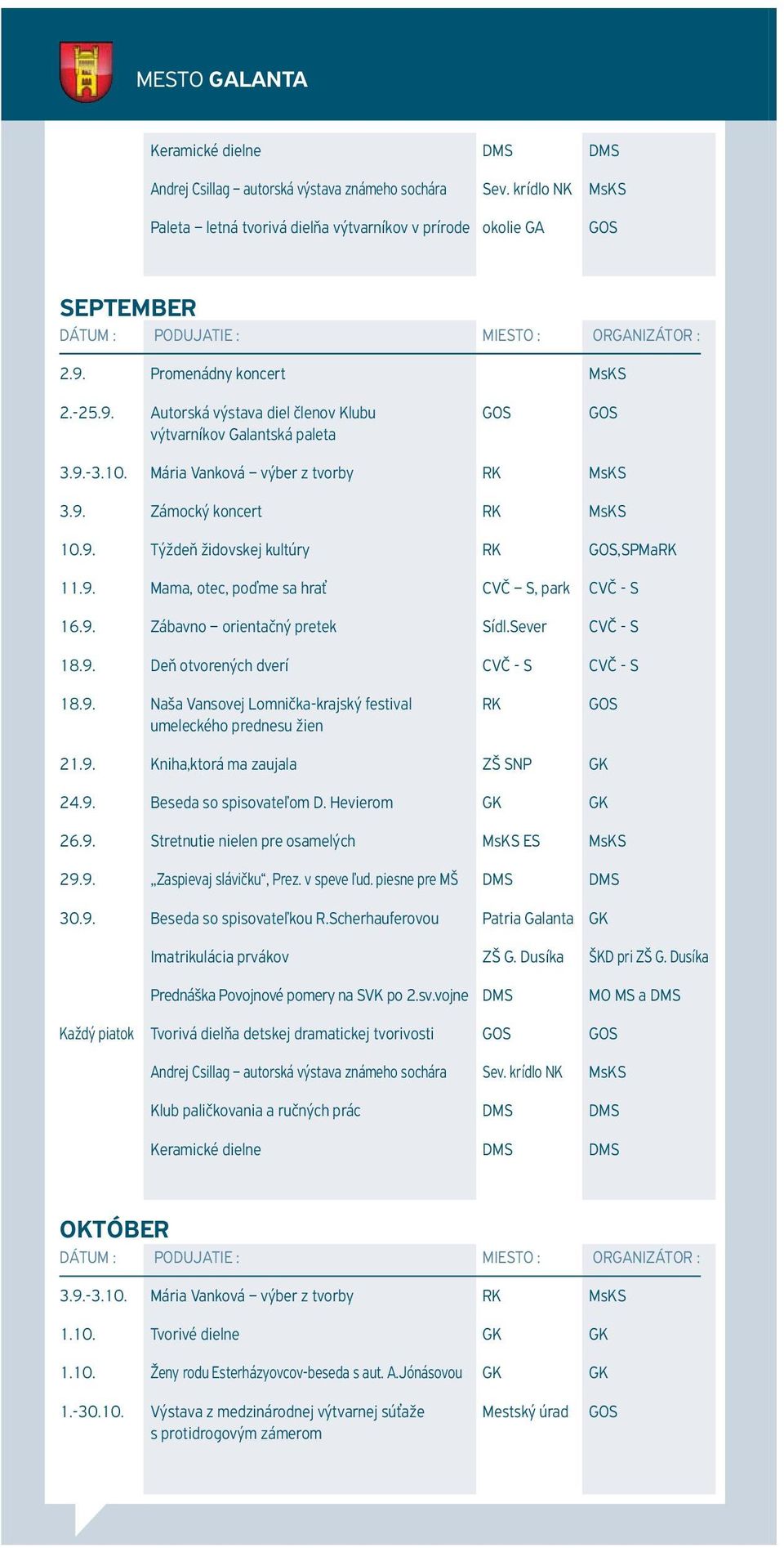 Promenádny koncert MsKS 2.-25.9. Autorská výstava diel členov Klubu GOS GOS výtvarníkov Galantská paleta 3.9.-3.10. Mária Vanková výber z tvorby RK MsKS 3.9. Zámocký koncert RK MsKS 10.9. Týždeň židovskej kultúry RK GOS,SPMaRK 11.