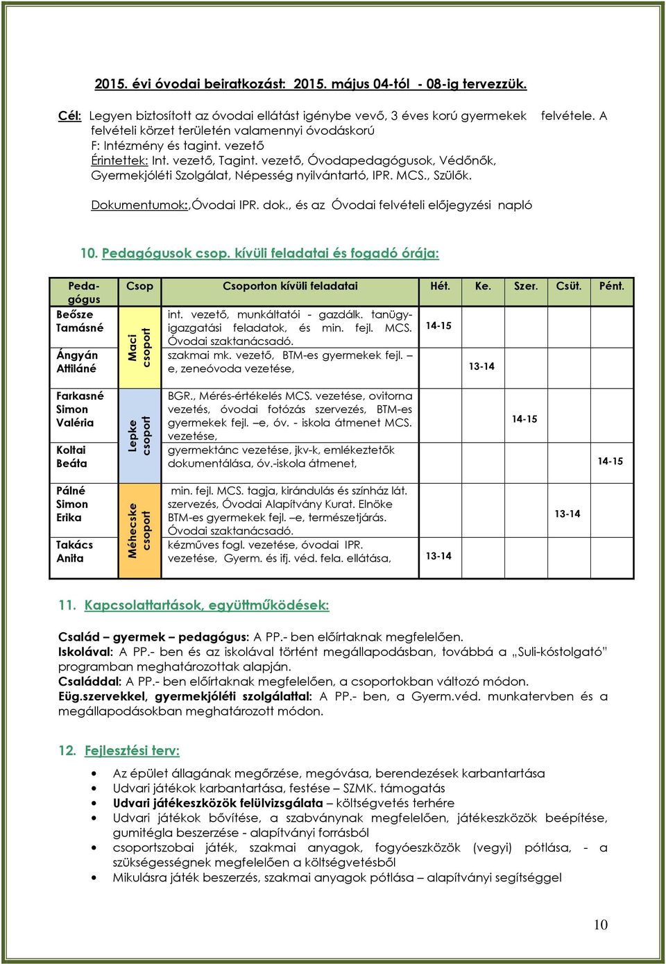 vezető, Óvodapedagógusok, Védőnők, Gyermekjóléti Szolgálat, Népesség nyilvántartó, IPR. MCS., Szülők. Dokumentumok:,Óvodai IPR. dok., és az Óvodai felvételi előjegyzési napló 10. Pedagógusok csop.