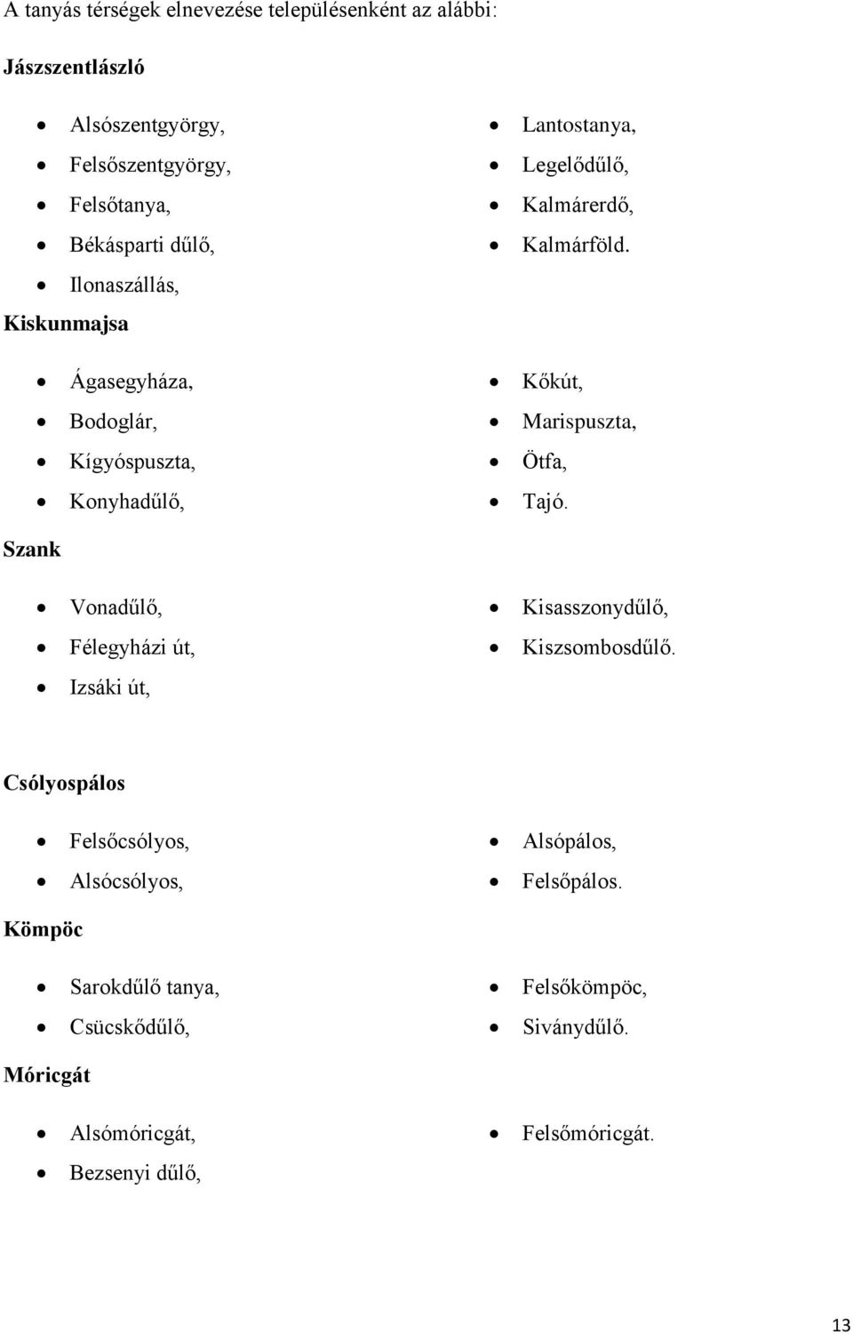 Ágasegyháza, Kőkút, Bodoglár, Marispuszta, Kígyóspuszta, Ötfa, Konyhadűlő, Tajó.