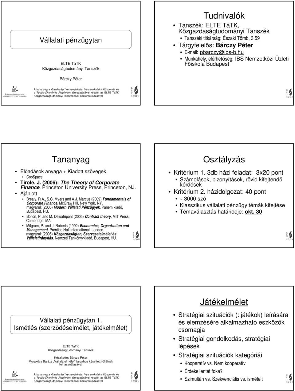 hu Munkahely, elérhetőség: IBS Nemzetközi Üzleti Főiskola Budapest Bárczy Péter A tananyag a Gazdasági Versenyhivatal Versenykultúra Központja és a Tudás-Ökonómia Alapítvány támogatásával készült az