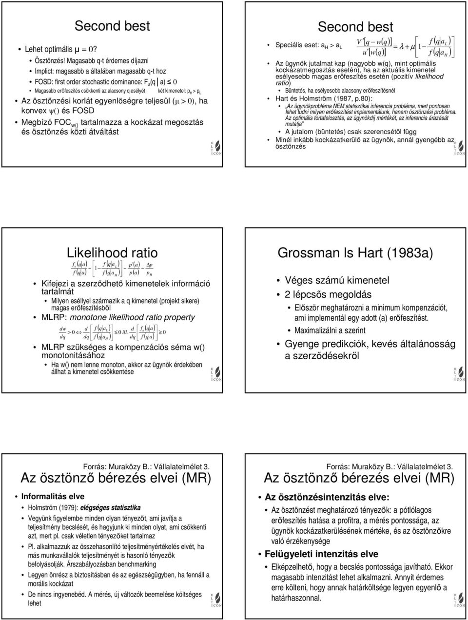 > p L Az ösztönzési korlát egyenlőségre teljesül (µ > 0), ha konvex ψ() és FOSD Megbízó FOC w() tartalmazza a kockázat megosztás és ösztönzés közti átváltást Second best [ ( )] ( ) ( ) Speciális